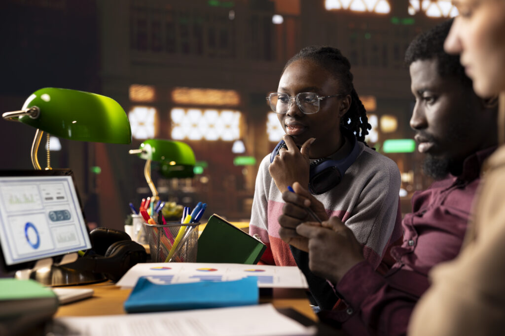 University students learning accounting principles and financial analysis